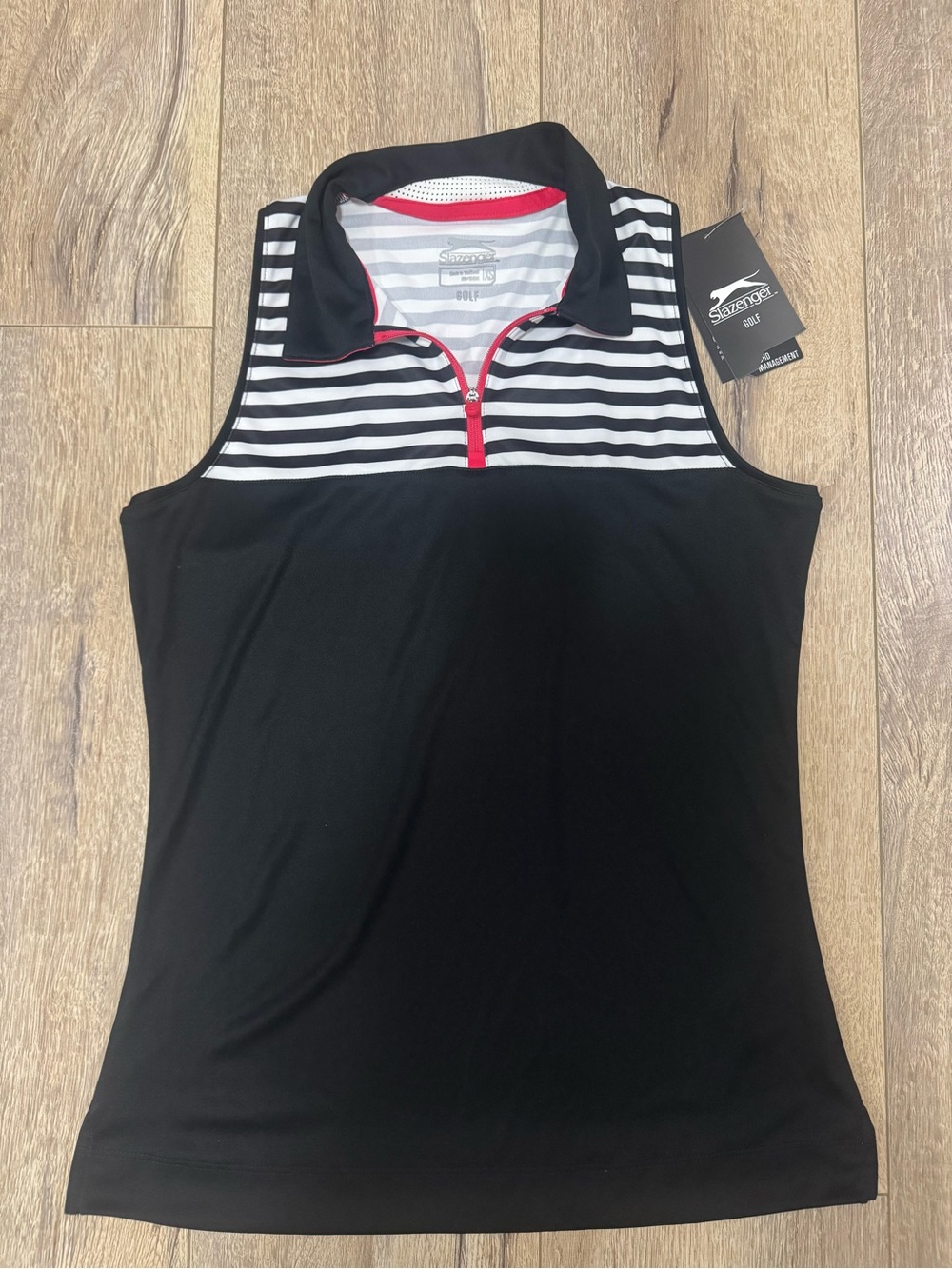 Brand new Women’s Black Stripe Sleeveless Polo golf Top with Red Trim